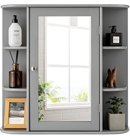 LIFEZEAL Badezimmerschrank mit Spiegel, Hängeschrank Holz 65 x 62 cm, Badschrank mit 10 Ablagen, Aufbewahrung Schrank Spiegelschrank fürs Bad, Flur (Grau)