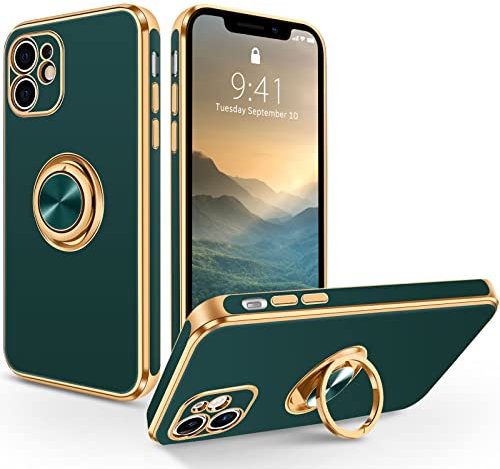 SouliGo iPhone 11 Hülle, iPhone 11 Handyhülle Slim weiche TPU Silikon Case Cover mit 360 Grad Ring Halter Ständer stabil Kratzfest Hülle für iPhone 11 6.1'' Grün Gold