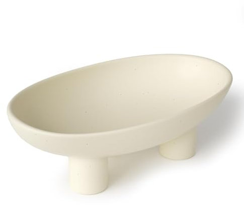 Relexome Obstschale mit fuß,Weiß Cremefarben Matt Obstschalen, Drei-Beinige Keramik Obstkorb,Modern Dekoschale Fruit Bowl,Süßigkeitenschale,26.5*16.5*8.5 cm Ovale Schale Schlüsselschale Küchentheke
