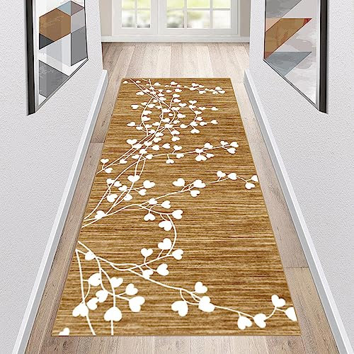 Siunwdiy Läufer Flur rutschfest Waschbar Küchenteppich Braun Lange Vintage Kücheläufer 90x200cm Weiße Blätter Teppich Läufer Flur für Korridor Wohnzimmer Büro Schlafzimmer Esszimmer