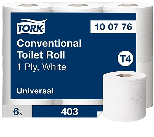 Tork Kleinrollen Toilettenpapier Weiß T4, Universal-Qualität, 1-lagig, extralange Rolle, 6 × 400 Blatt, 100776