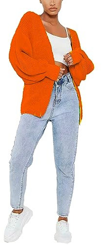 c2pwear Womens Balloon Sleeve Knitted Short Cardigan Ladies Open Front Oversized Chunky Cardigan (Orange UK 8-10)