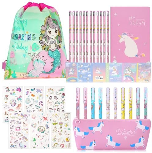 OFFCUP Schreibwaren Geschenk Set, Stifte Set, 1 Meerjungfrauentasche, 6 Aufkleber, 1 Briefpapier-Federmäppchen, 1 N-facher Aufkleber, 12 Bleistift, 10 Gelstifte, 1 Buch