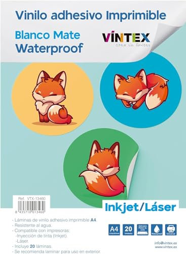 VINTEX - Vinilo Adhesivo Imprimible Blanco Mate 20 Láminas - Vinilo Adhesivo Impermeable - Apto para Plotter de Corte - Impresora Inkjet o Láser - Formato A4-21 x 29,7cm