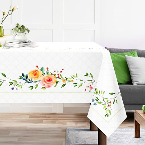 Arquiel Tischdecke Rechteckige Floral, Wasserabweisend Tischdecken mit Wilde Blume Blätter, Polyester Langlebige Abwaschbar Tischdeck FüR KüChe Essen Parteien FrüHling/Sommer(140x180cm)