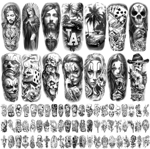 77 feuilles de tatouages temporaires Chicano, Chicana Guadalupe faux tatouage prisonnier jour des morts, style Lowrider culture Mexique Chicano Clown tatouage autocollant pour hommes femmes adultes