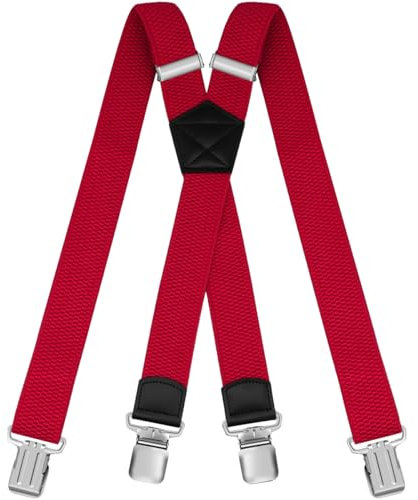 HNOOM Hosenträger für Herren Damen: Breit 3.8 cm, Einstellbar und Elastisch Arbeitshose Hosenträger, 4 Starken Metall Clip, X Form, Einheitsgröße für Männer und Frauen (Rot)