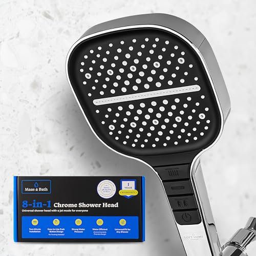 Loft Home Essentials Duschkopf (nur) – Maas & Bath 8-in-1 Chrom-Duschkopf mit 8 anpassbaren Sprühtasten-Einstellungen, hoher Wasserdruck und wassersparendes Design mit einfacher Selbstmontage