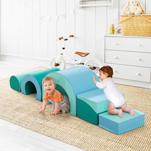 nmoiww Lot de 5 Blocs de Construction en Mousse, avec Toboggan, arcs de Plusieurs Tailles pour l'escalade en intérieur, Grands Blocs de Construction pour bébés et Tout-Petits (Bleu Clair-5)