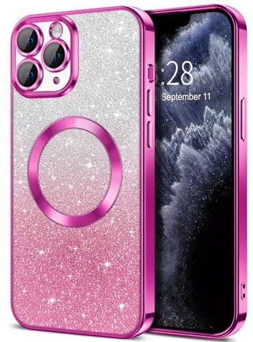 Hython for iPhone 11 Pro Max Case Clear Magnetic Glitter Phone Cases [Compatible with MagSafe] Full Camera Lens Protector Slim Gradient Sparkle Luxury Plating Shockproof Protective Cover, Hot Pink