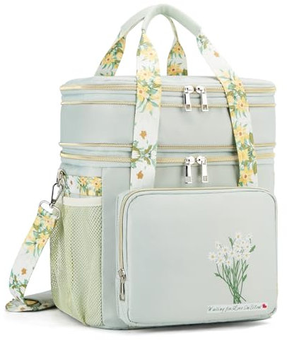 HSHRISH Large Insulated Lunch Bag for Woman, Double Layer Insulated Large Cooler Bag for Women Adults Waterproof Leakproof Durable Lunch Bag for Work Outdoor Picnic 16L, Green-Flowers