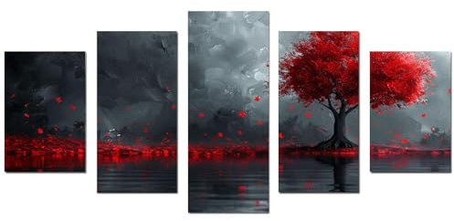 JOSUE 5 pezzi Quadri Moderni Albero Della Vita Albero Rosso Della Vita Quadri Su Tela,Rosso Quadri Decorazioni Soggiorno Bagno Cucina Ufficio-100x200cm Non incorniciato