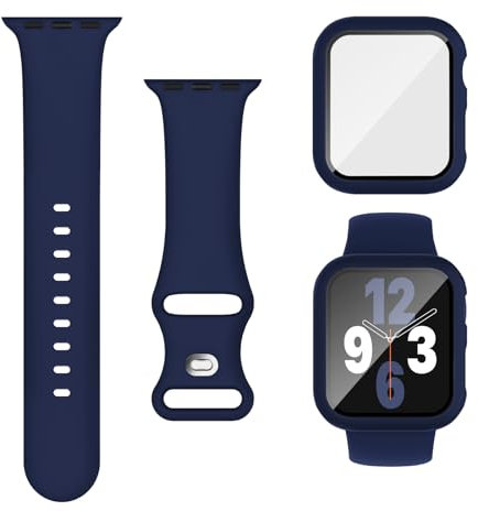Joehwerr Cinturino 3 in 1 per Apple Watch, 40 mm, con custodia e pellicola protettiva, cinturino sportivo in silicone e custodia protettiva con vetro temperato 9H, per iWatch serie 6/5/4/SE, blu navy