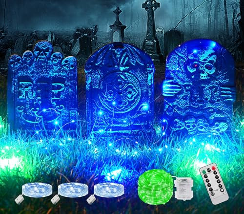 Maxee 3 Stück Halloween Glühendes Grabsteine Schaumstoff Dekoration Set, RIP Friedhof mit 1 grünen Fernbedienungslicht(8 Lichtmodi), 3 blauen Lichtern (3 Modi) für die Party zu Hause auf dem Rasen
