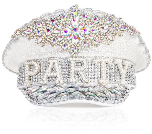WRINGKIT Partyhüte, glitzernde Kapitänskappen mit Strass und Perlen, Glitzer Brauthut Kronen mit Buchstaben, Discohut für Junggesellinnenabschied, Hochzeitsdekorationen