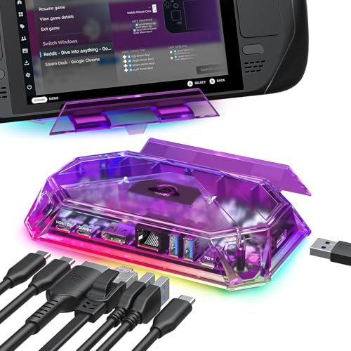 JSAUX Docking Station RGB Compatibile con Steam Deck (OLED)/ROG Ally/Legion Go, Dock Steam Deck 8 in 1 con HDMI 4K@60Hz, Gigabit Ethernet, Tipo C 3.0, Dual Tipo A 3.0, Ricarica 100W - Ametista