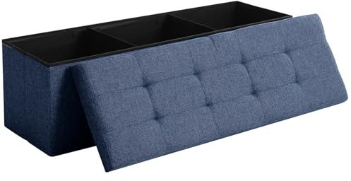 CUYOCA 45.3 Inches Storage Ottoman Bench Foldable Seat Footrest Shoe Bench End of Bed Storage with Flipping Lid, 166L Storage Space, Linen Fabric Navy