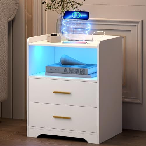 LVSOMT Nachttisch mit Bunte Lichter, RGB Nachttisch mit ladefunktion & USB, Nachttisch mit Steckdose und LED, Modernes Nachtschrank Holz für Schlafzimmer, Beistelltisch mit Beleuchtung (Weiß)