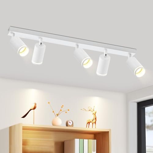 meoaow Deckenstrahler Weiß 5 Flammig Wohnzimmer Modern Deckenlampe Strahler GU10 Spots Schwenkbar Innen Metall Deckenleuchte Deckenspots für Flur Küche Schlafzimmer, Ohne Leuchtmittel