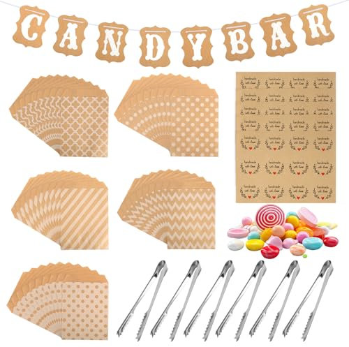 JIANGZHIB 62 Stk Candy Bar Zubehör, Enthält 50 Stk Candy Bar Tüten 6 Zuckerzange 5 Sticker und 1 Candy Bar Girlande, Candy Bar Deko für Candy Bar Hochzeit Geburtstage