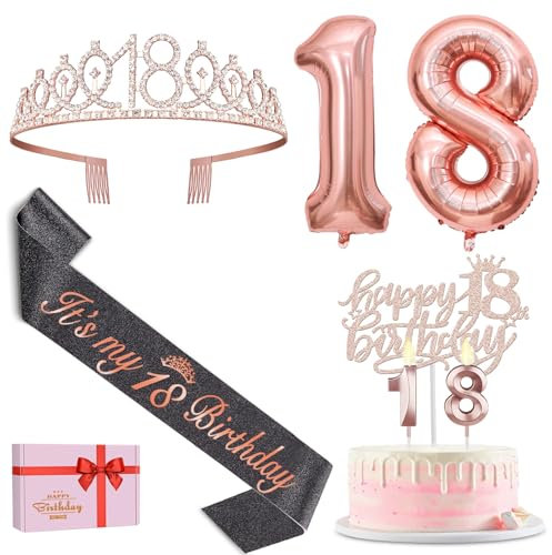 Amosking 18th Birthday Decorations for Girls, Including Black 18th Birthday Sash and Tiara, Cake Topper and Candles, Rose Gold Number Balloons, Gifts for 18 Year Old Girls