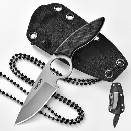 Omesio Neck Knife Drop Point Messer - inklusive Clip Kydex Scheide und Kugel Halskette zum umhängen Mini - aus starkem 5CR13MoV Stahl feststehend klein Fulltang Outdoor G10 Griff