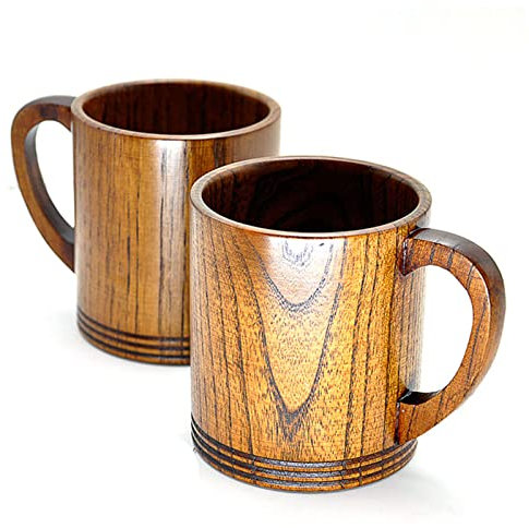 NOURIS Bierglas, Vintage-Bierkrug aus Holz mit Henkel, Becher aus natürlichem Jujube-Holz – handgefertigt, Trinkbecher im Landhausstil for Saft, Milch, Tee, EIS, Kaffee, Bier – 270 ml – 2er-Set
