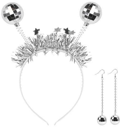 Capaneus Discokugel Haarreif, Discokugel Ohrringe, Discokugel Kostüm, Discokugel Accessoires, Discokugel Schmuck für Damen Karneval 70er 80er Jahre Disco Mottoparty Halloween Kostüm