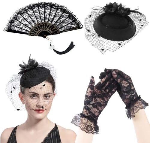 Eleganter Fascinator Damen Schwarz - Stirnband Schwarz mit Schleier und Feder, 1920er Jahre Inspiriert, Moulin Rouge Kostüm Damen, Inklusive Schwarzer Schleier und Spitzenhandschuhe