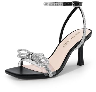 DREAM PAIRS Women's Double Bowknots Heels Sandals | Dazzling rhinestone dress sandal, stiletto heel, chic square toe, cushioned insole, party/wedding