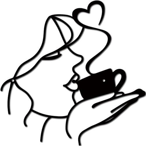 CREATCABIN Kaffee Wandkunst Metall Frauen Kaffee Wanddekoration Minimalistisch Abstrakt Moderne Kunst Silhouette Wandskulpturen Ornament Für Zuhause Garten Wohnzimmer Kaffeebar Dekor Schwarz 30x30cm