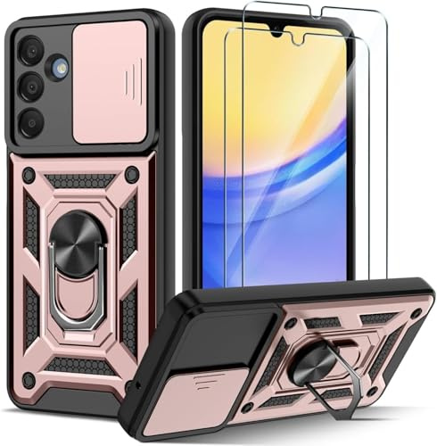 PIXFAB for Samsung Galaxy S25 Case with 2 x Screen Protector Tempered Glass, Shockproof Case with Camera Lens Protection, Protective Ring Armour Phone Case Cover with [Kickstand] - Rose Gold
