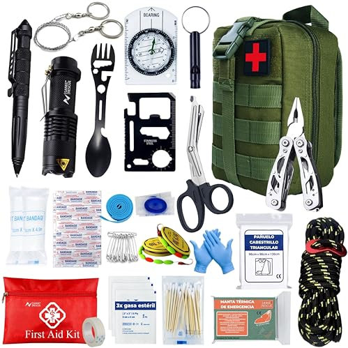 Kit Supervivencia UE 2025 con Mochila Botiquín y Linterna, Manta Térmica Supervivencia, Cuchillo Supervivencia Militar Profesional, Tiritas, Vendas, Silbato y Brújula (Guardian - Estándar)