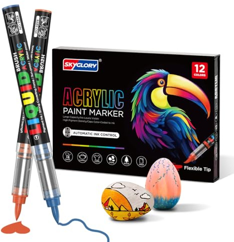 SKYGLORY 12 Colours Liquid Ink Acrylic Paint Markers - Flexible Brush Tip Paint Pen Acrylic Markers for Rock, Glass & Fabric (12)
