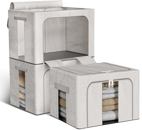 Boic 3 Pezzi 66L Scatole Per Armadio Rigide Con Struttura In Metallo, Pieghevole Contenitori Per Armadio Salvaspazio Con Cerniera, Organizer Armadio Per Asciugamani, Piumini, Coperte Grigio 3x66L