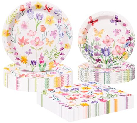 Buwico 60 PCS Wildflower Papierteller und Servietten Wegwerf, Floral Party Geschirr Set - Frühling Garten Tee Party Dekorationen für Baby Dusche, Geburtstag, Hochzeit Nachmittagstee (Floral Design)