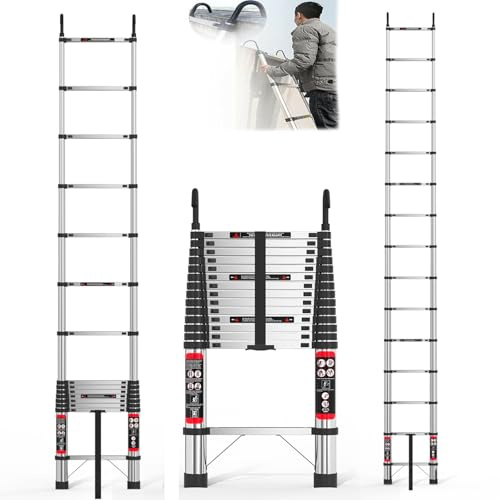 5M Teleskopleiter Klappleiter mit Haken, Edelstahl Verstärkt Leiter Ausziehbar, Tragbare Klappleiter Stehleiter Teleskop-Design mit Rutschfesten Gummifüßen, für Garten und Innen, Tragkraft 150kg