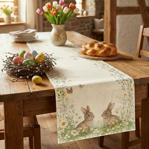 Ostern Tischläufer mit Hasen und Blumen, Waschbare Frühling Tischdekoration für Küche und Esstisch, für drinnen und draußen, Ostergeschenke, 140x40 cm