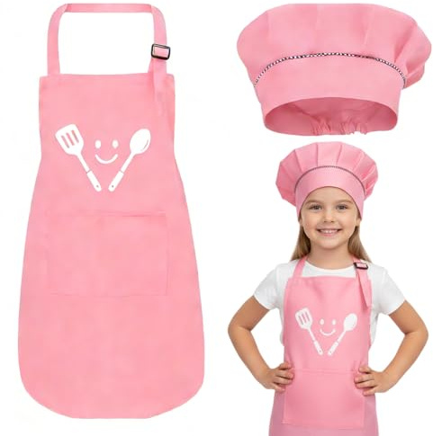 DIFLAX Cappello da Cuoco per Bambini Grembiule da Cucina per Bambini Cappello da Chef Rosa Grembiuli per Bambini con Tasca Accessori da Cucina per Feste Cucinare Cuocere Bomboniere Cucina (Rosa)