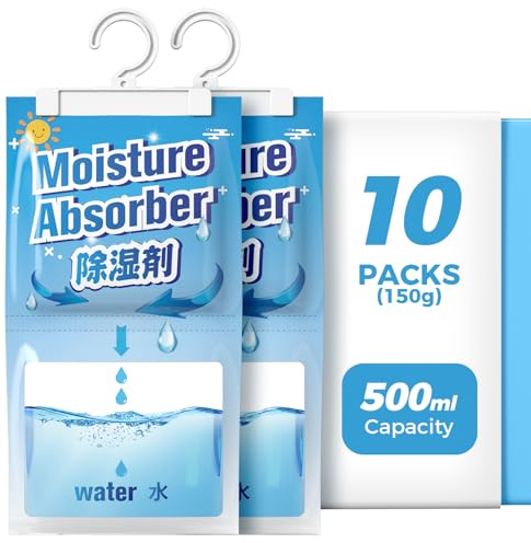 AROEVE 10 Packs x 150g (1.5 kg) Deumidificatori Armadio, 500ml Capacità | Assorbe Umidità, Anti-Muffa & Odori, Protezione Anti-Fughe, Eco Senza Elettricità, Appendere: Armadi, Bagni, Camere, RVs.