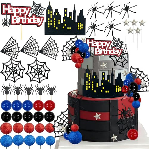 Tyotrbs Spider Cake Topper Decoration Superhero Party Favors Cupcake Decor Spider Cake Decoration Spider Birthday Party (Red)