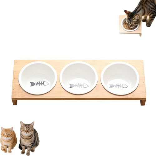 Gamelles surélevées pour chat avec support en bois, ensemble de gamelles en céramique avec imprimé arêtes de poisson, faciles à nettoyer, mangeoire surélevée pour chats et petits chiens (1/2/3 bols