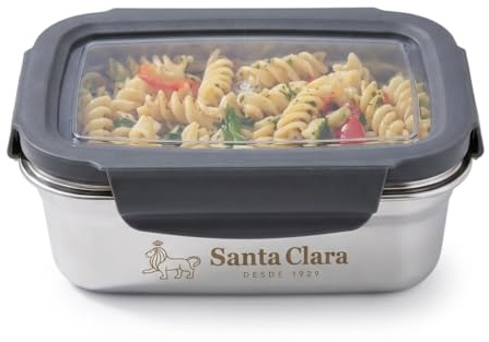 INDE SANTA CLARA | Fiambrera de Acero Inoxidable 0.6L Hermética para Microondas, Tapa Plástica con 4 Cierres, Apta para Horno, Tupper Acero Inoxidable, Bento Box, Termo Comida