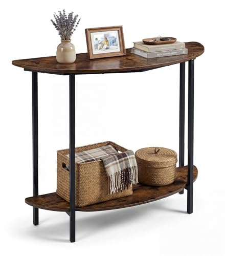 COSTWAY Konsolentisch, Halbrunder Flurtisch mit 2 offenen Ablagen | Einganstisch schaml für Flur, Eingang & Wohnzimmer, 100 x 29,5 x 80 cm, Rustikales Braun
