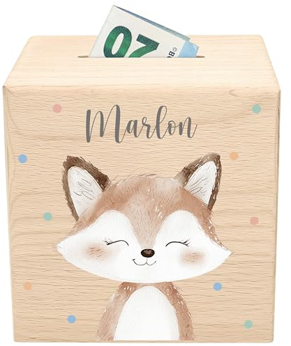 Fuchs Spardose für Kinder personalisierte Sparbox aus Holz Waldtiere Holzspardose mit Schlüssel Geldgeschenk für Jungen & Mädchen