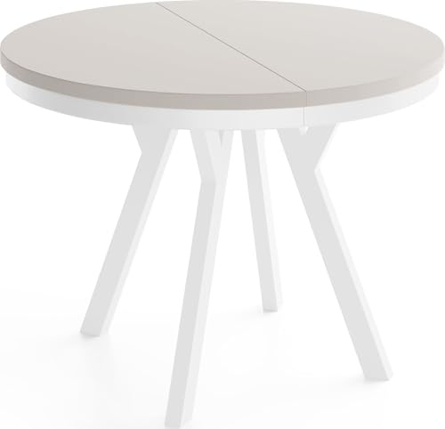 Runder Ausziehbarer Esstisch im Loft-Stil XXL Groß – Verlängerbarer Tisch mit Weißen Holzbeinen & Metallring – Platzsparender Esstisch für Wohnzimmer – Kaschmir – 100 bis 300 cm