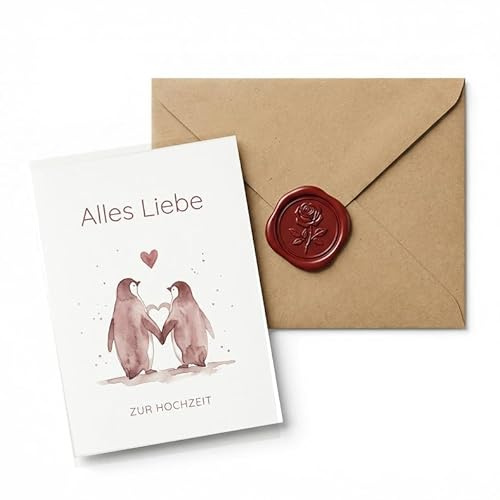 Sinnblatt Hochzeitskarte mit Pinguin-Brautpaar und Umschlag, 12 x 18 cm | Hochzeitskarte und Glückwunschkarte; Romantisch; für Brautpaare; 300gsm Karton mit Umschlag.