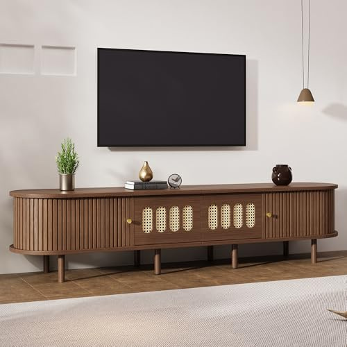 Merax TV Stand for TVs Up to 80 Inch, Walnut TV Unit with 2 Drawers&2 Tambour Doors, Oval Media Console Table Entertainment Centre Cabinet with Rattan Effect Fronts, with 8 Support Legs,180x40x46.5cm