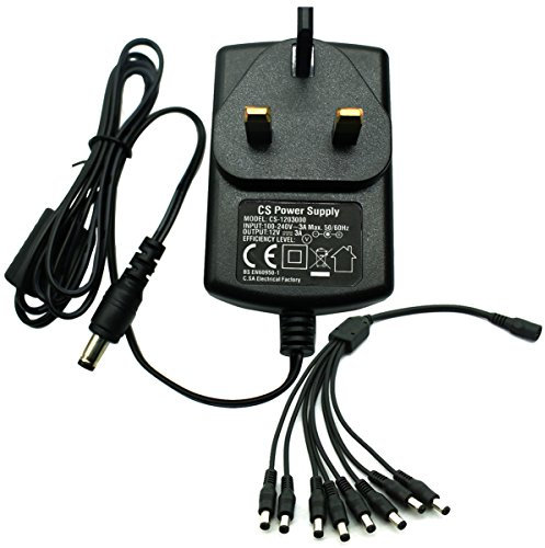 Security-01 AC to DC 12V 3A Power Adapter Supply with 8 Way Splitter Cable, Plug 5.5mm x 2.1mm UK, for CCTV Cameras DVR NVR LED Light Strip and more