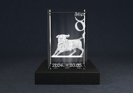 Galerie Kristall 3D-Laser Quader Sternzeichen mit Lichtsockel (Stier)